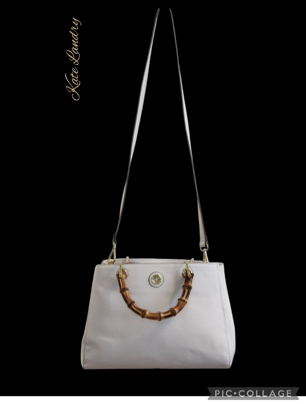 Kate Landry white pebbled faux leather bag with bamboo-style handles & 3 pockets